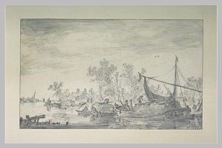 Sur un canal, des figures s'affairent à la réparation de leurs barques