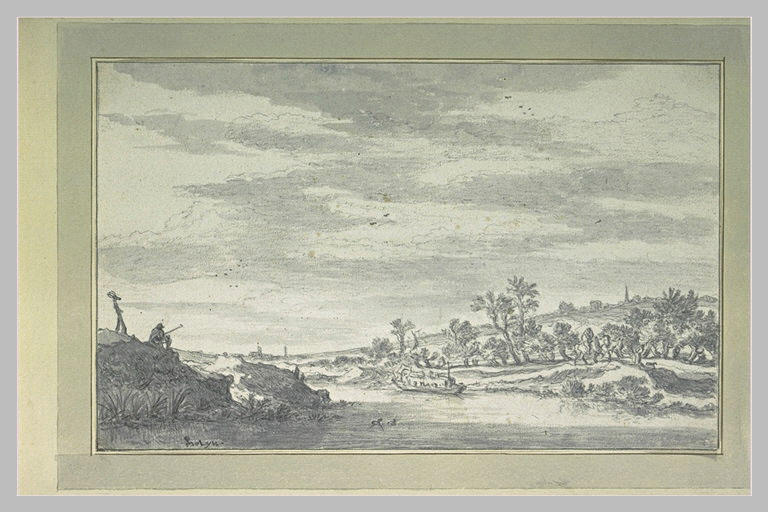 Paysage avec un coche d'eau sur une rivière