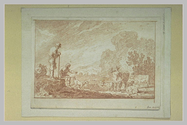 Deux bergers et leur troupeau dans un paysage