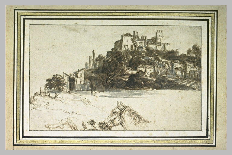 Un grand bâtiment au sommet d'une colline, dominant un village