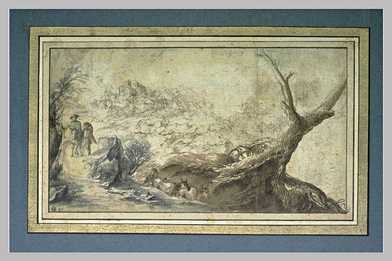Paysage dénudé animé de figures et d'animaux
