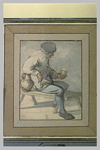 Paysan assis sur un banc, accoudé sur une cruche, tenant un verre