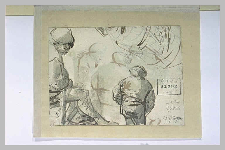 Un paysan assis, de profil et un paysan debout, de dos