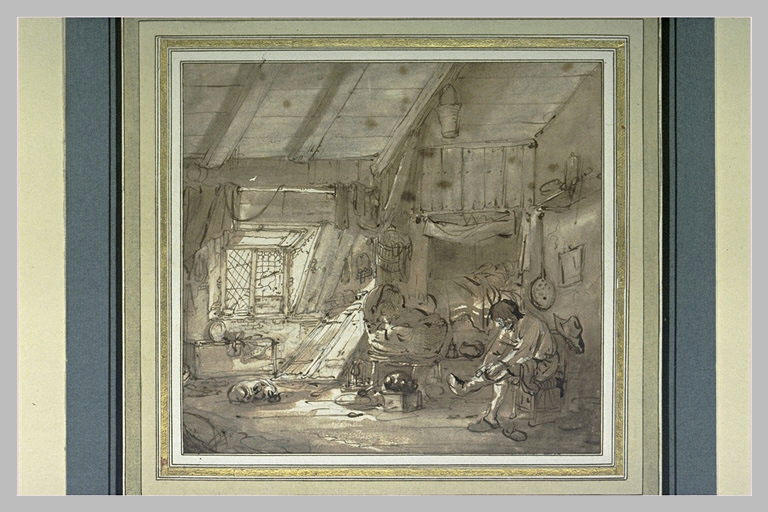 Le matin, dans une maison paysanne, avec un homme enfilant ses chausses