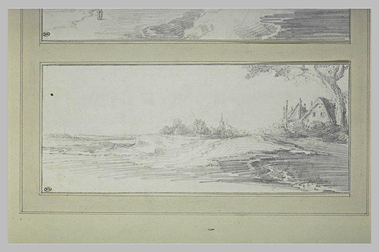 Ferme dans une plaine, avec le clocher d'un village dans le lointain