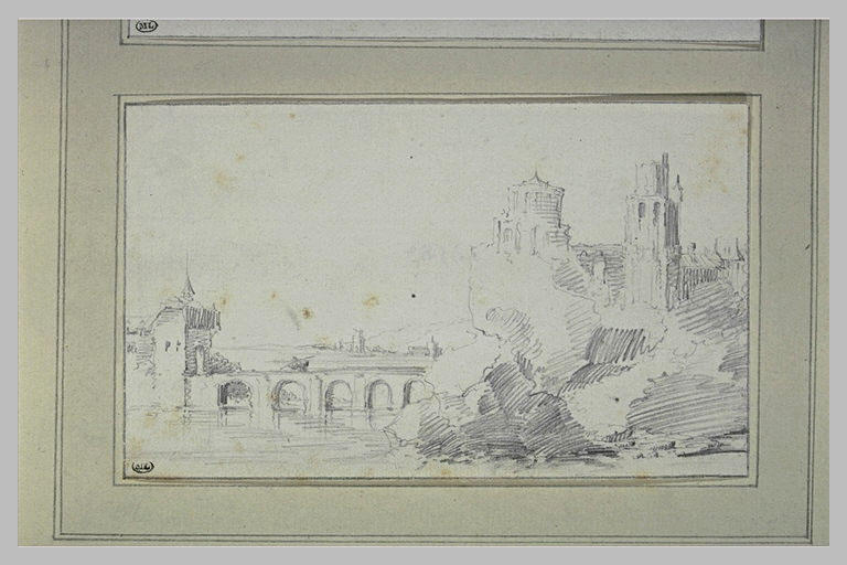 Château-fort sur des rochers dominant une rivière traversée par un pont