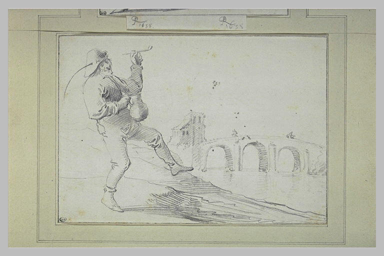 Paysan dansant dans un paysage, près d'un fleuve