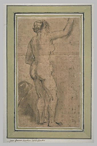 Femme nue, debout, de dos, levant le bras droit