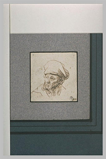 Tête d'homme à barbe hirsute, coiffée d'un bonnet