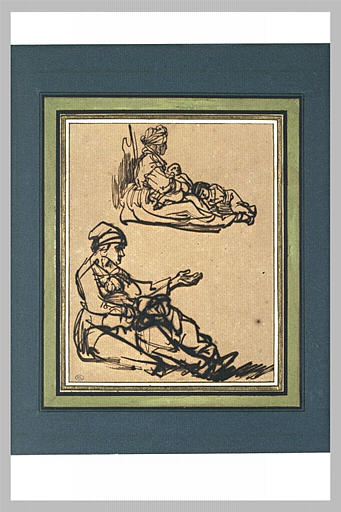 Deux études d'une mendiante assise avec deux enfants