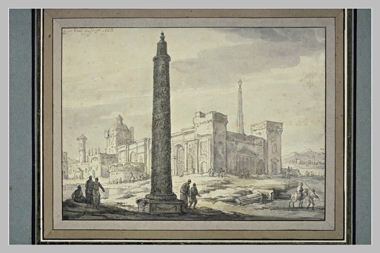 Composition de bâtiments antiques, avec une colonne commémorative