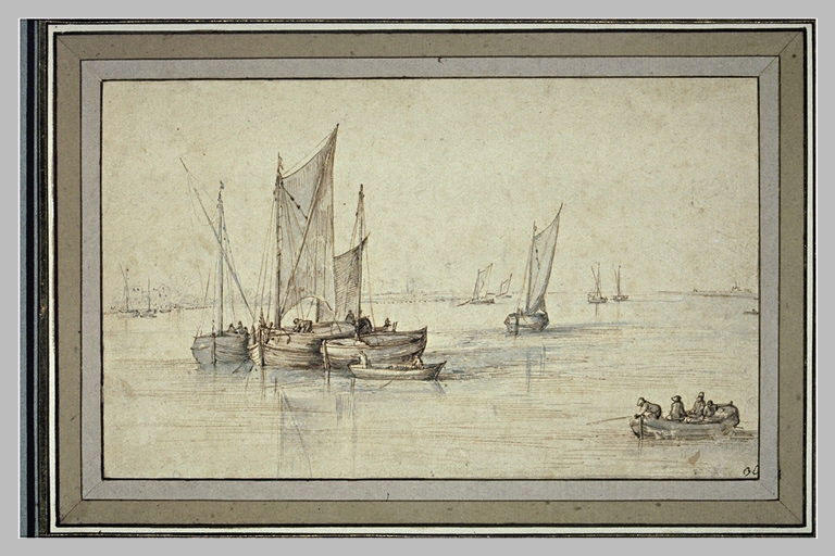 Barques et canots au milieu d'un fleuve