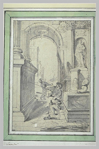 Quatre amours parmi des ruines antiques, regardant des bas-reliefs