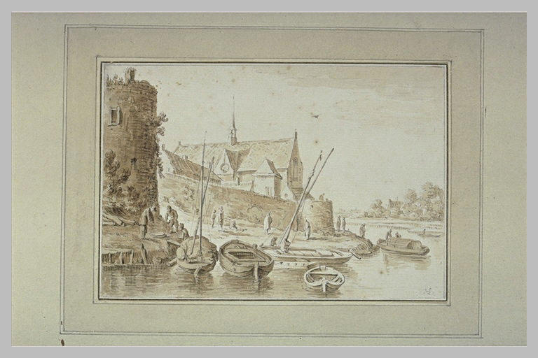 Eglise et remparts au bord d'une rivière, avec des barques amarrées