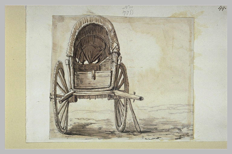 Une charrette en osier tressé, recouverte d'une banne, vue de face