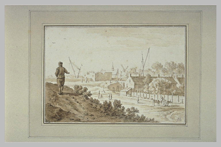 Habitations dans un paysage avec des remparts au loin