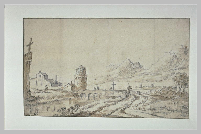 Pont menant à une tour, dans un paysage avec des montagnes dans le lointain