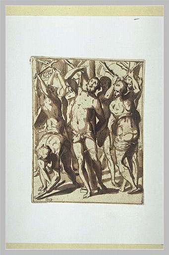 Les bourreaux flagellent le Christ attaché à la colonne