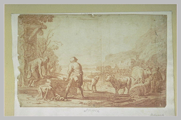 Trois bergers tirant la pierre qui recouvre un puits