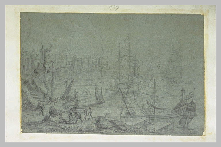 Marine : port de mer avec des débardeurs près des bateaux