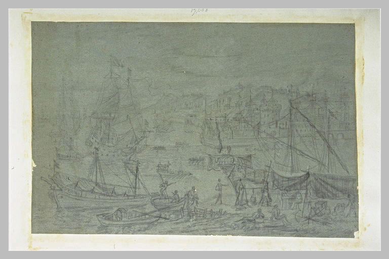 Marine : port de mer animé de bateaux, barques et petites figures