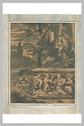 Femme dans un paysage avec un fragment de bas-relief