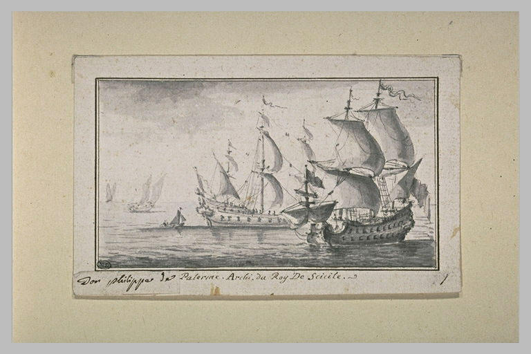 Marine avec deux vaisseaux de guerre au premier plan