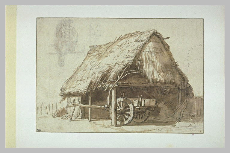 Hangar couvert de chaume abritant une charrette