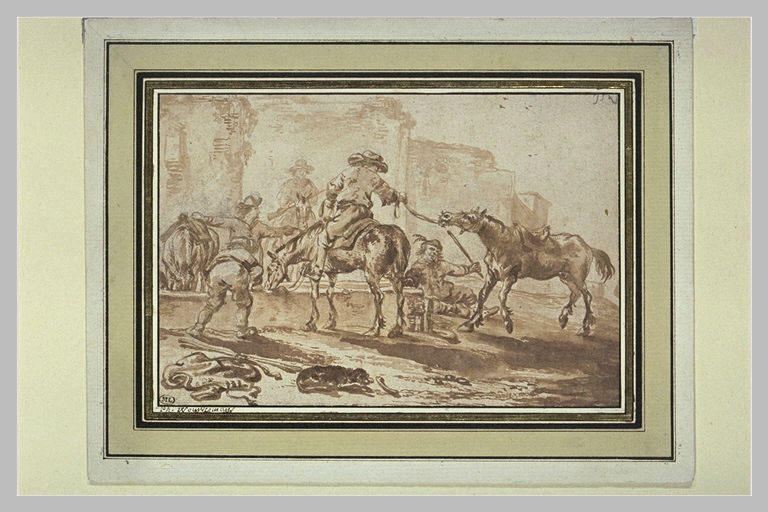 Palefreniers et soldats laissant boire leurs chevaux