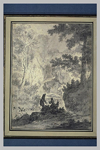 Deux personnages contemplant une cascade dans un bois