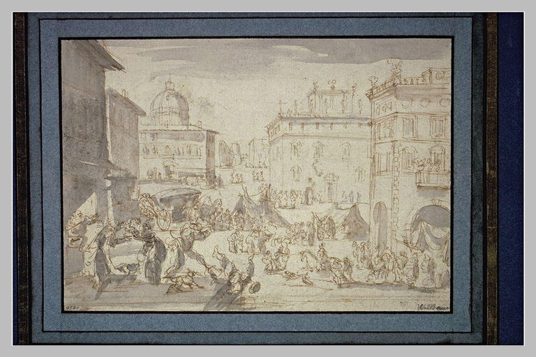 Vue d'une place publique garnie de promeneurs et de voitures