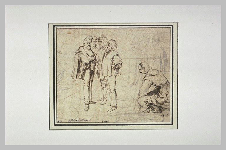 Quatre hommes debout et une femme assise