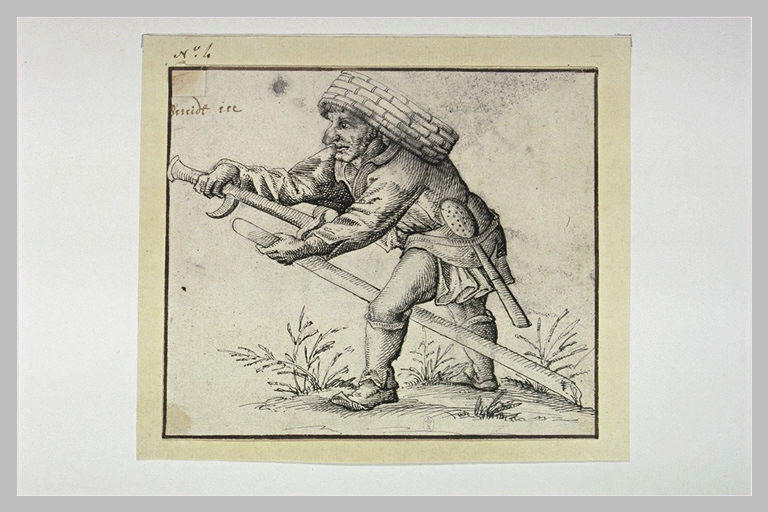 Paysan grotesque, coiffé d'un panier, un écumoir passé dans sa ceinture
