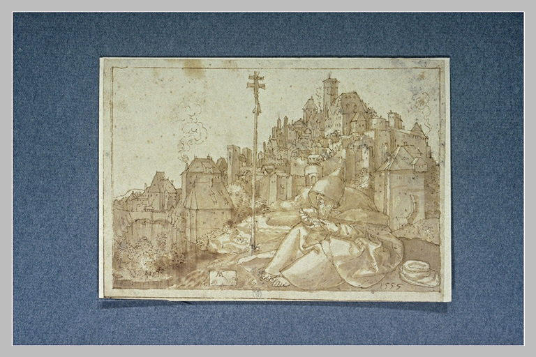 Saint Antoine, assis, lisant, dans un paysage