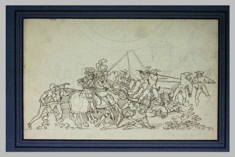 Combat entre deux chevaliers et des fantassins