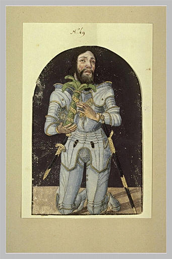 Figure d'un chevalier revêtu d'une cuirasse, en prière