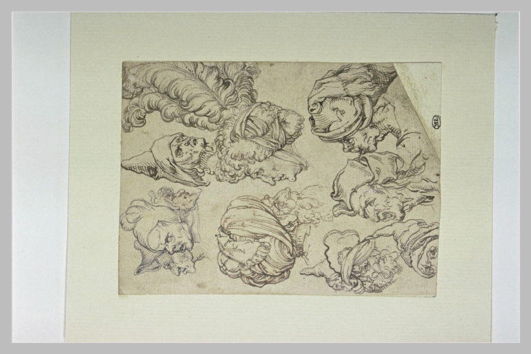 Feuille d'études de têtes coiffées de chapeaux