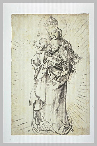 La Vierge couronnée, debout sur un croissant, portant l'Enfant Jésus