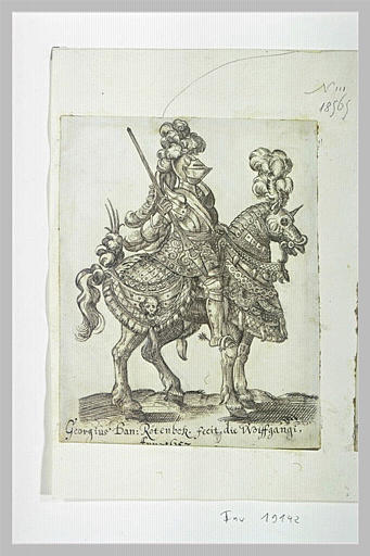 Chevalier en armure, visière baissée, sur un cheval richement caparaçonné