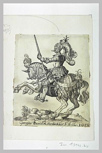 Chevalier en armure, visière levée, sur un cheval qui se cabre