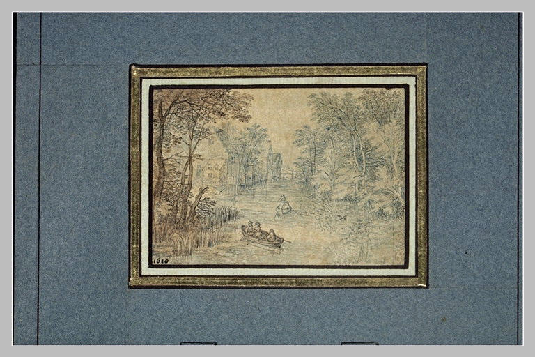 Petit paysage coupé par une rivière animée de deux canots