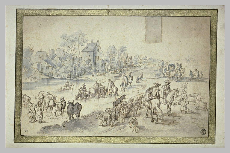 Large route longeant un village et une mare où s'abreuvent des bestiaux