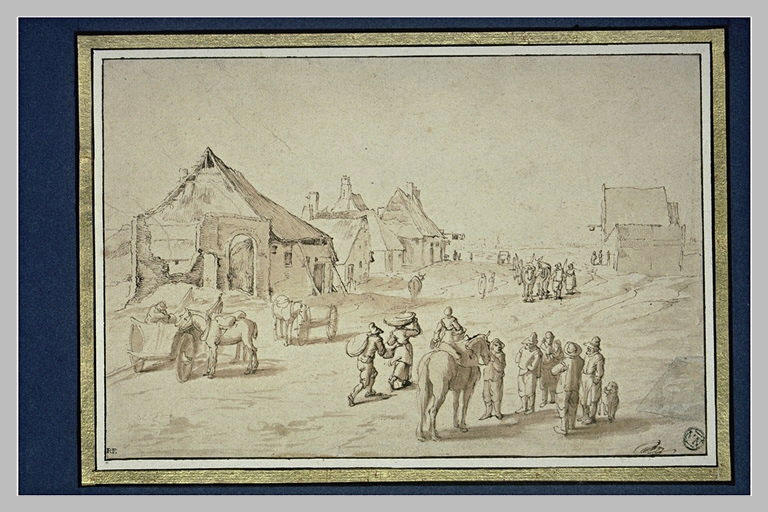 Large route animée de figures et d'animaux, dans un village