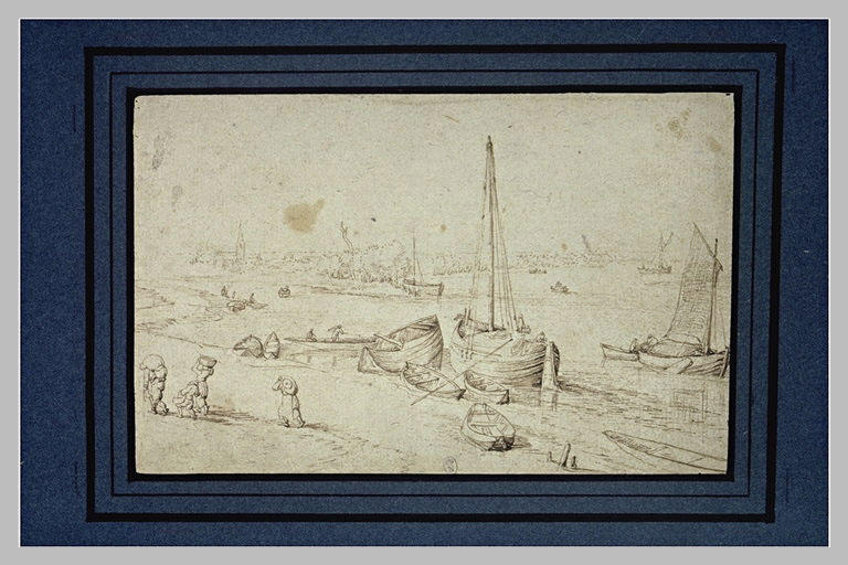 Confluent de deux rivières animées de barques et de petits personnages