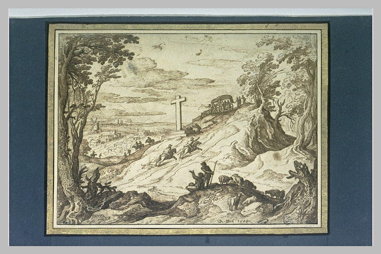 Paysage avec des bergers et des moutons, une route animée de voyageurs