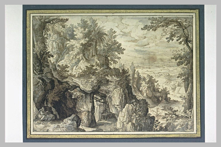 Montagne rocheuse et boisée, avec un ermite lisant