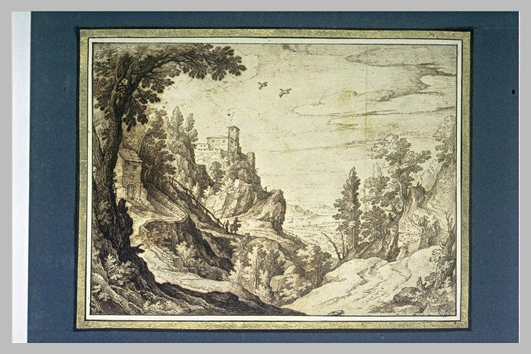 Paysage montagneux avec des maisons, et des figures