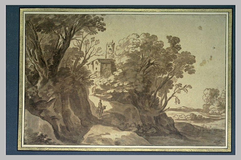 Paysage montagneux, avec un cavalier sur un chemin