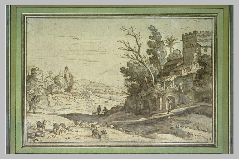 Paysage avec Jésus et les pélerins d'Emmaüs, sur une terrasse