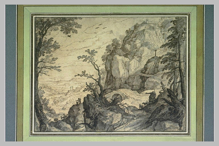 Montagne escarpée, avec des figures, dominant une vallée